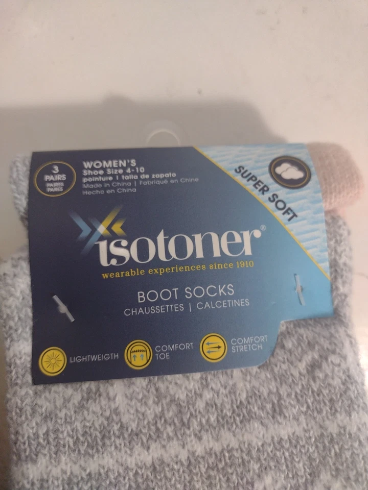 Women’s Isotoner Boot Socks 3 Pairs • Cream & Grey Super Soft NEW Size 4-10  - Image 3 of 4