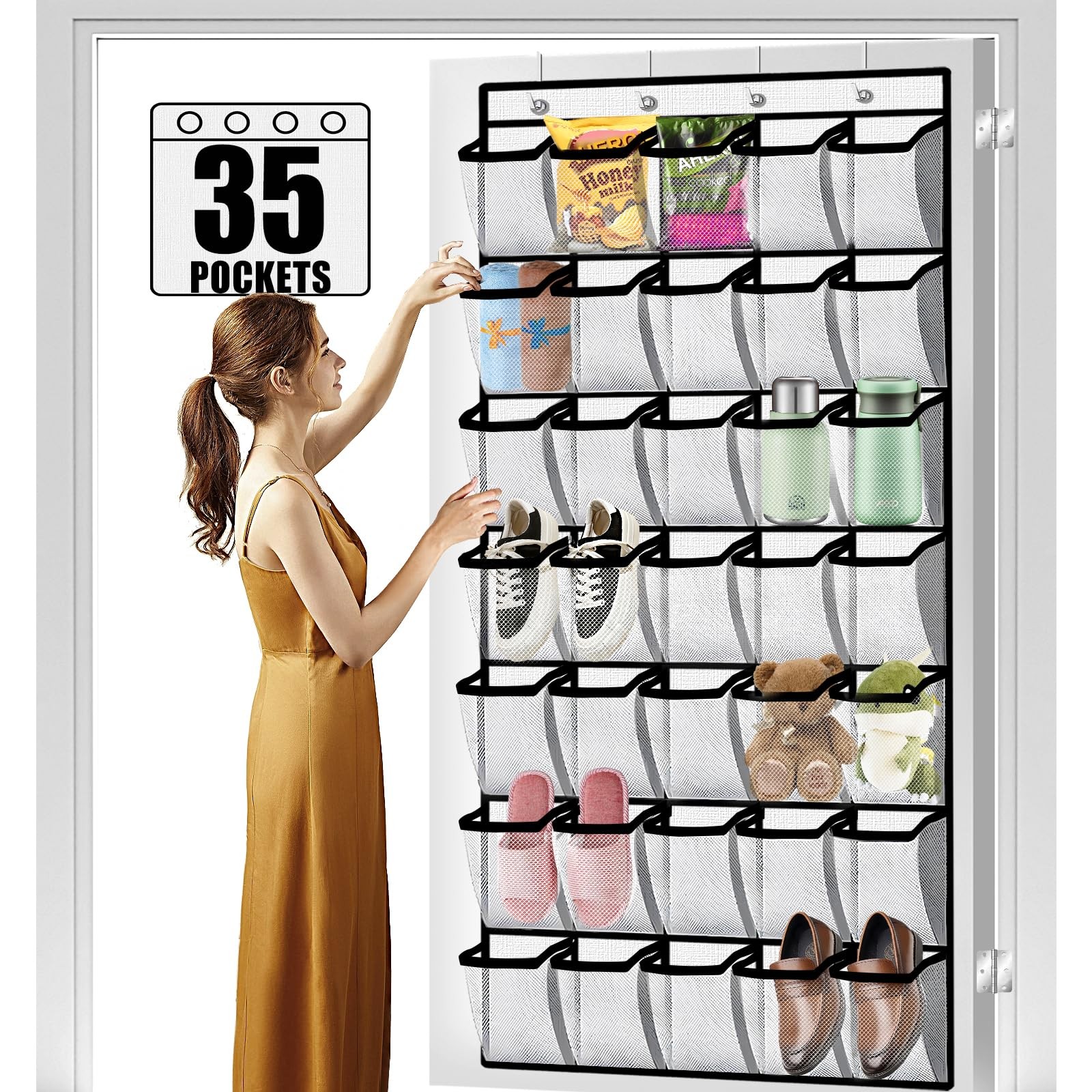 35 Pockets Large Over the Door Organizer, Breathable Mesh Pockets Shoe Organi...