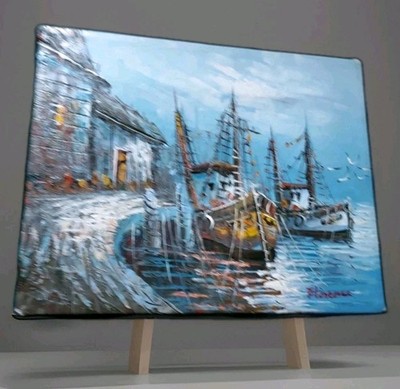 Oil Painting ''Harbor Scene & Fishing Boats'' on Canvas  by Artist Florence 8''×10''