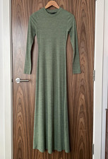 ASOS Khaki Green Jersey Ribbed Long Sleeve Crew Neck Maxi Dress UK 8 NEW