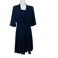 Vtg 80s Dress Jacket 10 Navy Blue Midi Pleated Nautical Career  Classic Flowy