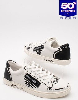 PVP €495 DOLCE & GABBANA Zapatillas de Cuero US11 UK8 EU41 Blanco Graffiti Parte Superior Baja