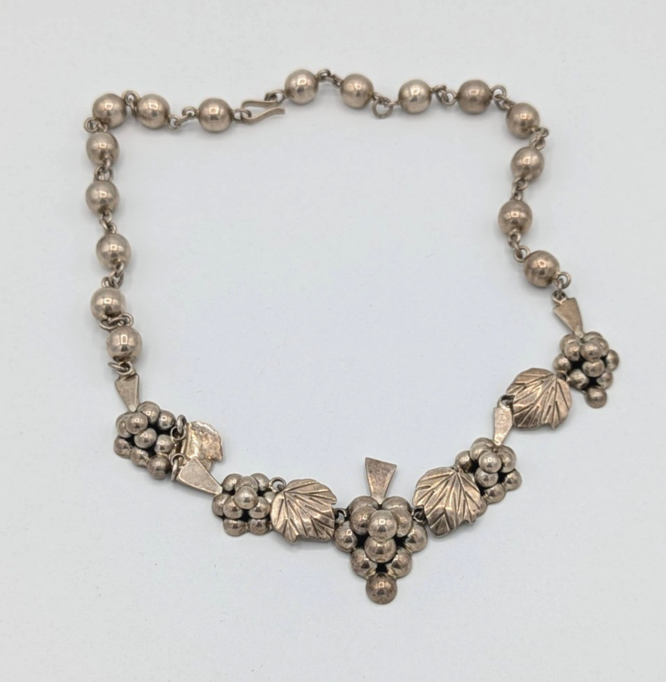 Vintage Taxco Mexico Sterling Silver Grape Cluster Leaf Necklace 21" Heavy 64g View 4