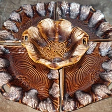 vintage CALIFORNIA POTTERY Chip and Dip Set: Faux Bois Brown Drip Glaze