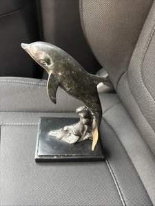 Vintage SPI Bronze Dolphin Sculpture Figurine, Great Patina,w/ Black Marble Base