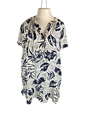F&F Shift Shirt Dress Size 8 Linen cotton Blend White w Blue Floral Beach Hawaii