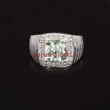 Natural Green Amethyst Gemstone With 14K White Gold Plated Silver Men Ring #1361