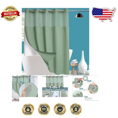 High-Quality Sage Green Shower Curtain Set - Waterproof, Easy to Install, 71x84