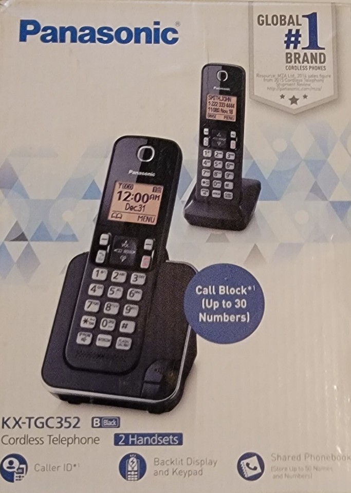 Panasonic KX-TGC352B Cordless Phone System - 2 Handsets, Call Block, Amber Backlit Display, DECT 6.0