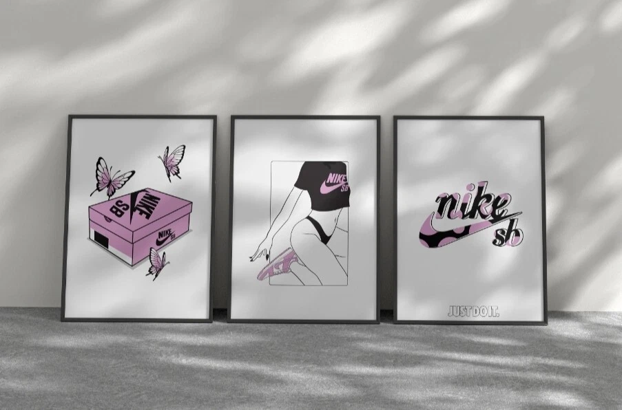 Juego de 3 piezas de arte Nike SB rosa y blanco lienzo arte de pared decoración del hogar Foto 3 de 4