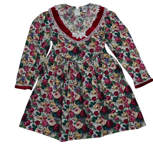 Vintage Rare Editions Red Floral Print Lace Collar Pristine Dress Dirks Size 5 - 第 9/9 張圖片