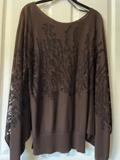 SPIEGEL dark brown abstract sheer-lace pattern poncho style elastic waist top XL