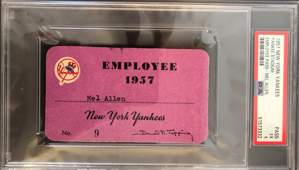 1957 MEL ALLEN YANKEES ANNOUNCER PASS MANTLE CYCLE/MARIS NYY STADIUM DEBUT  PSA