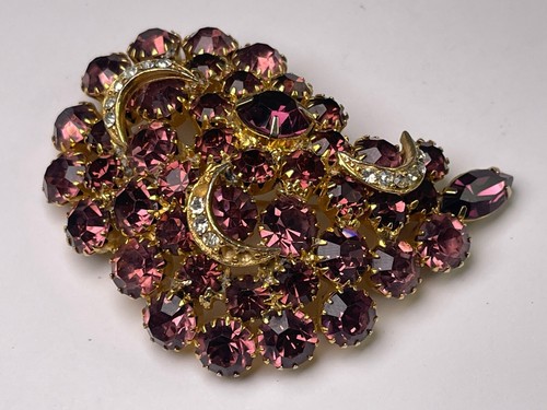 Large Vintage Unsigned Eisenberg Purple Clear Rhinestone Goldtone Brooch - Picture 6 of 9