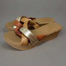Mila Paoli Italy Leather Wedge Sandals Metallic Gold Orange Tan Braided 