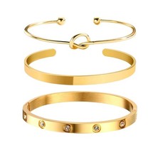 18K Gold Plated Stackable Bracelets for Women, 3 Pack Heart Cuff  Love Bangl...