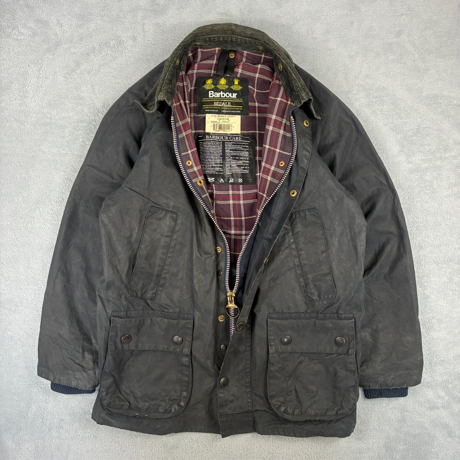 Vintage Barbour A105 Bedale Jacket Washed Navy Tartan Lined C36 Small Wax Jacket image 2