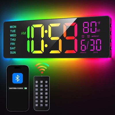 16.5'' Large Digital Wall Clock with BT Sync, RGB Lights with 11 Scenes Mode R...