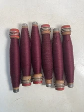 Wrapped Wood Quills, BURGUNDY, Bobbins, Spools, Threaded, Textile, lot of 6