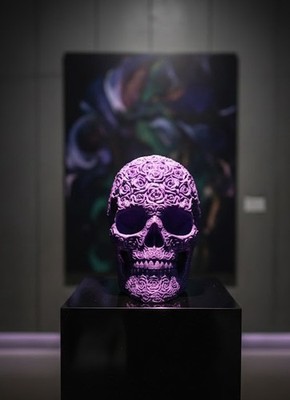 Purple Rose Floral Skull Figurine Gothic Decor Unique Art Piece Home Decor New