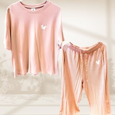 Disney Mickey Embroidered Waffle Knit Pink Loungewear Set US Women Med/ Large