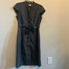 Grey midi dress with button-up front, tie waist, and pockets
