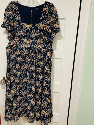 Madewell Midi Dress Size Medium Blue Peach Floral Puff Sleeve Square Neck