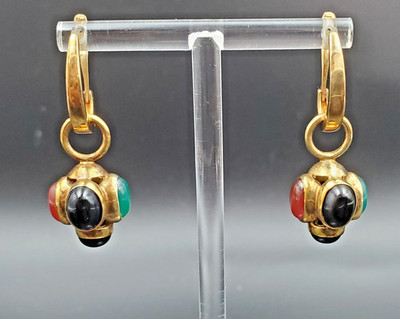 Multi Color Lab Created Gem Set 14K Solid Yellow Gold Earrings
