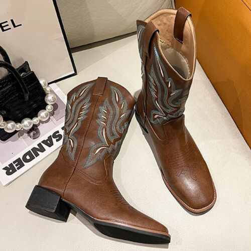 Damen Bestickt Western Mid Calf Cowgirl Stiefel Blockabsatz Stiefeletten Schuhe - Bild 18 von 26
