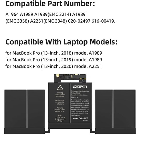 SKOWER A1964 Battery For Apple MacBook Pro 13" A1989 Mid 2018-2019 A2251 2020 - Picture 3 of 5