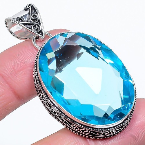 Swiss Blue Topaz Gemstone 925 Silver Handmade Ethnic Jewelry Pendant 2. ...