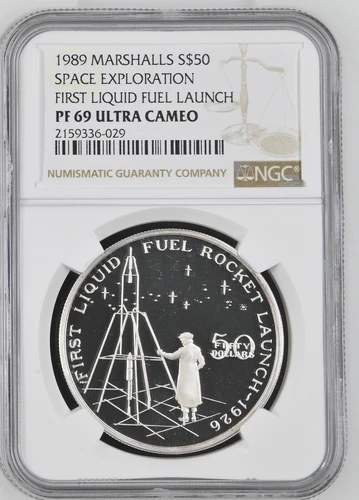 1989 Marshall Islands Space First Liquid Fuel Launch Silver $50 - NGC PF69 UC