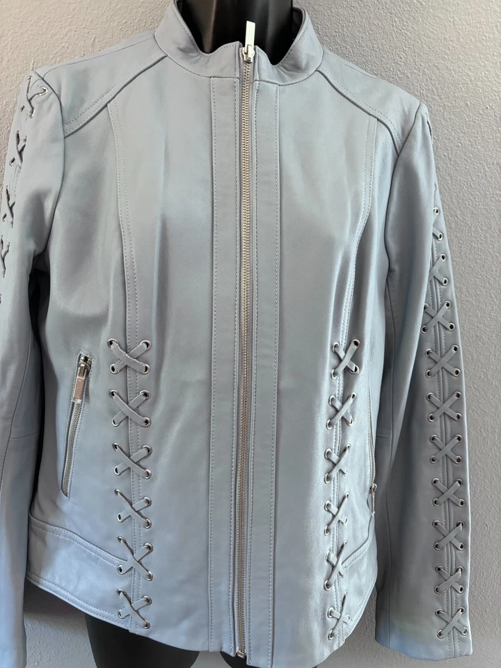 Neiman Marcus Light Blue Leather Lace-Up Moto Jacket Womens Medium Lined - Image 3 of 4