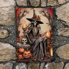 Skeleton Witch Metal Sign - Halloween Decor with Jack-O'-Lanterns , Spooky Vibes