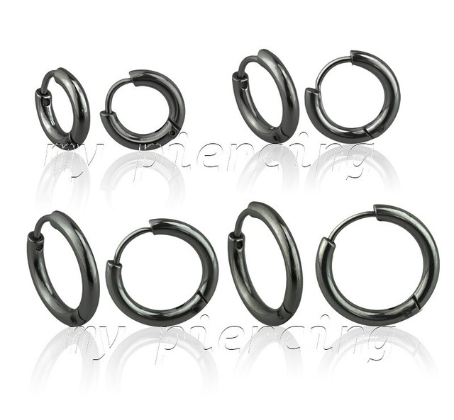 PAIR Black Plated Stainless Steel Hinged Hoop Earring Men & Women 20G 5