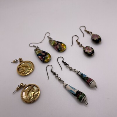 Lot Of 4 Costume Earrings Pierced Dangle Drop Some Bead / Glass / Cloisonné Etc