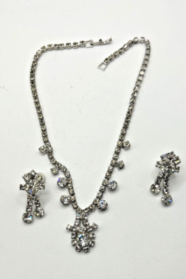 Vintage Clear Rhinestone Choker & Screw Back Earrings Set JCS