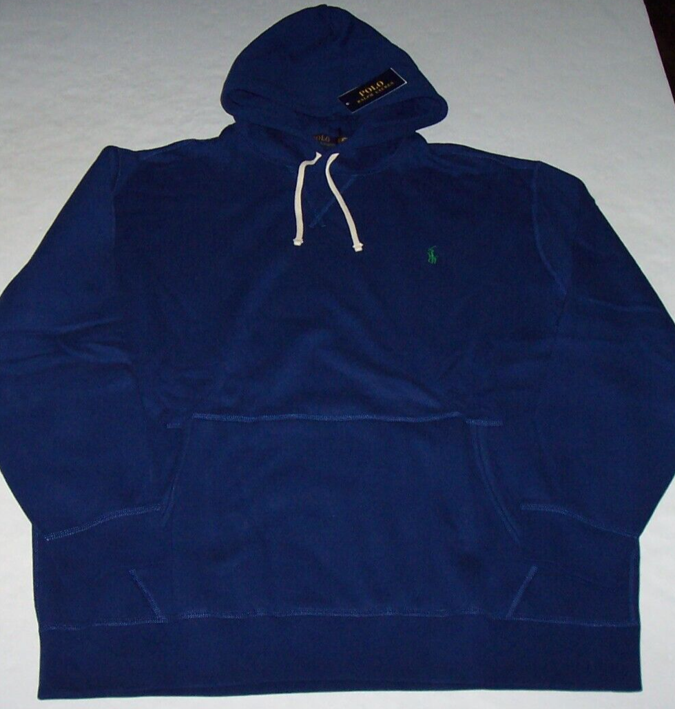 Polo Ralph Lauren ROYAL BLUE classica felpa con cappuccio uomo XLT VERDE PONY nuova con etichetta