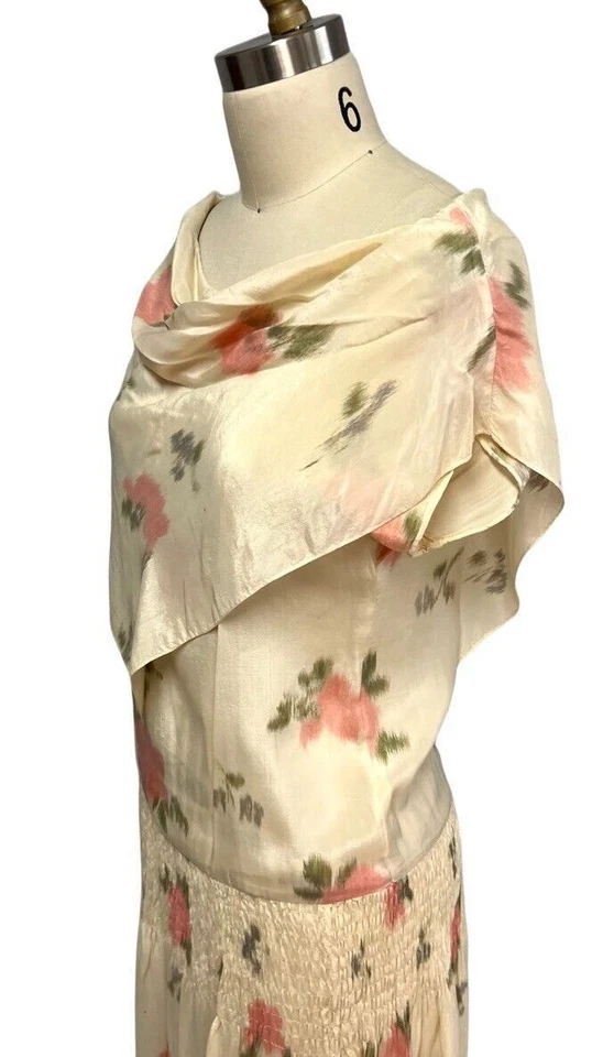 Antique 1920s Silk Tea Dress Watercolor Floral Smocked Waist Wedding Rare Find - Image 3 of 4