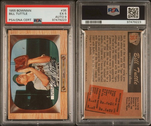 1955 BOWMAN BASEBALL #35 BILL TUTTLE AUTOGRAPH DETROIT TIGERS PSA 5 AUTO 9 - Picture 3 of 3