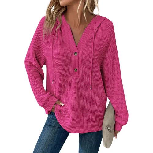 Women's hooded waffle knit button V-neck long sleeved sweater sweatshirt top- - Bild 24 von 43