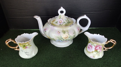 Vintage Lefton Musical Floral Teapot Plays ''Tea for Two'' & Two 3066 Creamers