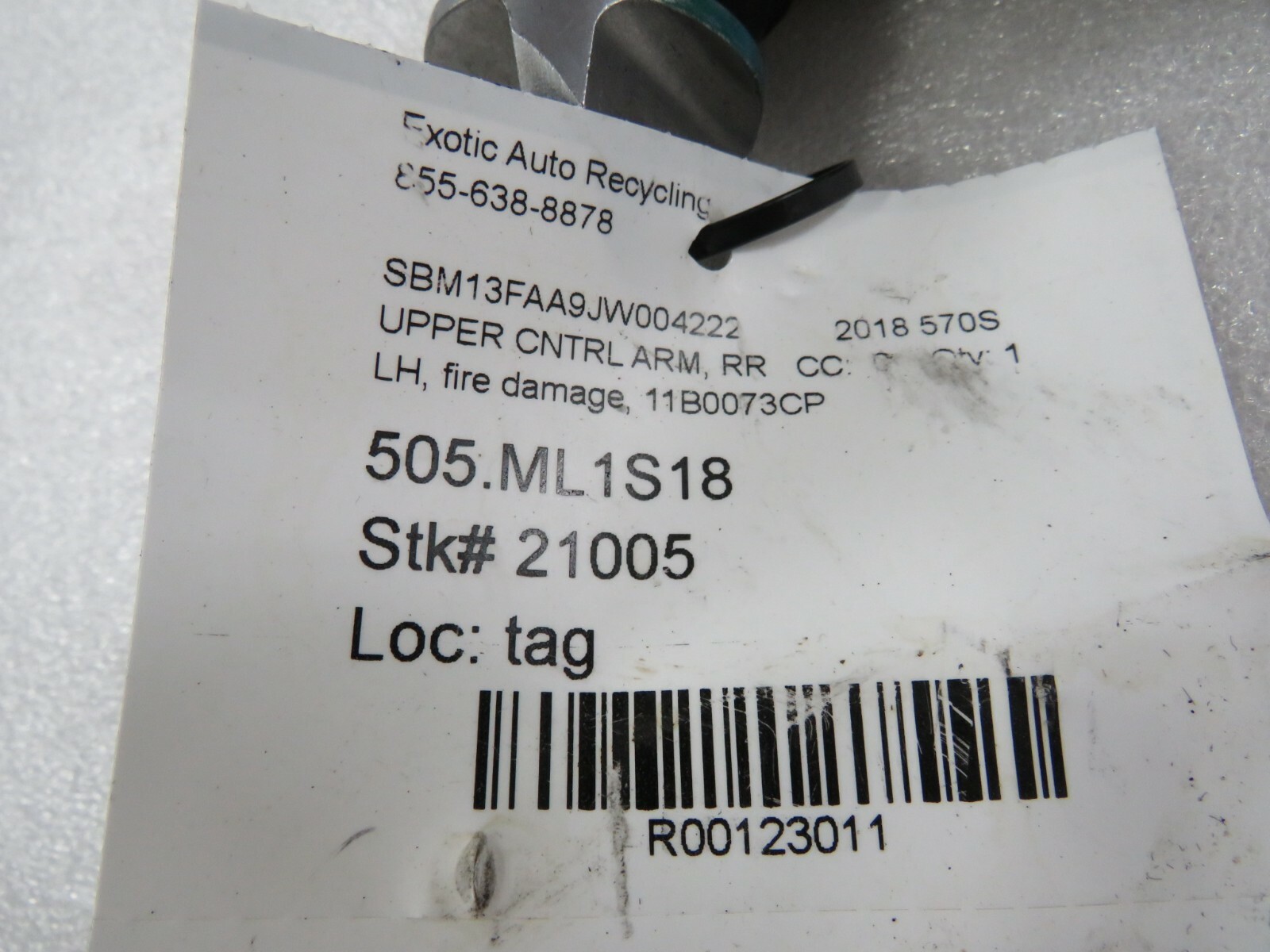 McLaren 570S, LH, Left Rear Upper Control Arm, Used, Fire Damage, P/N 11B0073CP