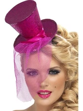 Mini Pink Top Hat Mad Hatter Costume Flapper Feather Womens Adult Fancy Dress