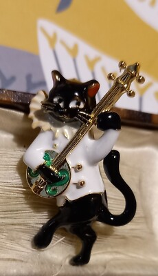#ad #ad VINTAGE STYLE GOLDTONE BLACK CAT CUTE GUITAR BROOCH QUIRKY UNIQUE UNUSUAL FUN $6.50