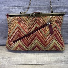 Vintage Frame Clutch Purse Chevron Woven Fabric Gold Tone Chain Strap Retro Bag