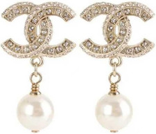 Elegant Crystal Pearl Drop Earrings, Gold Tone, Design with Rhinestones, Dangle