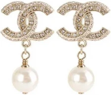 Elegant Crystal Pearl Drop Earrings, Gold Tone, Design with Rhinestones, Dangle