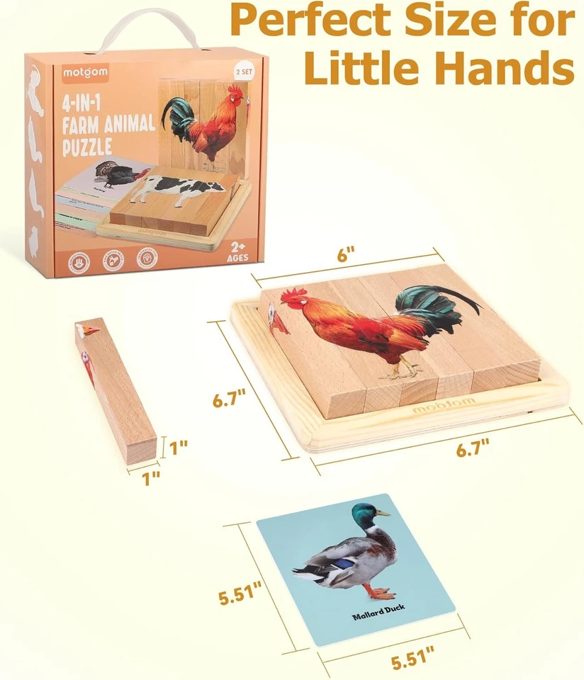 🧩 Rompecabezas de animales de granja Motgom 4 en 1 - Juguete de madera Montessori para niños pequeños Foto 2 de 4