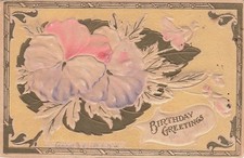Vintage 1910 Embossed Birthday Greetings Postcard Pansies Flowers Butterfly
